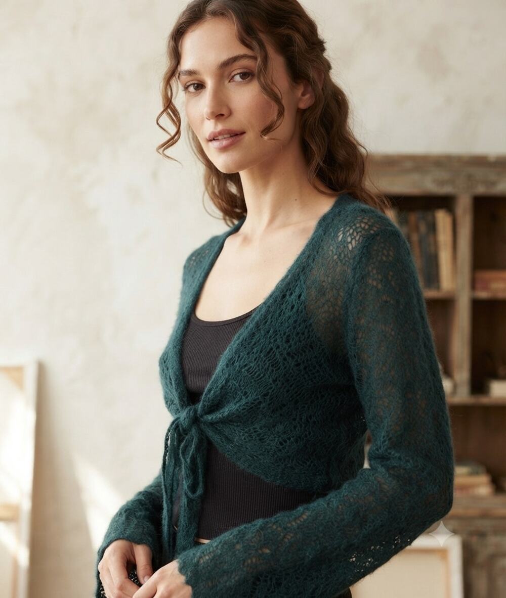 Peppe Peluso Dark Green Mohair Wool Open Knit Tie Front Crop Cardigan Shrug M/L
